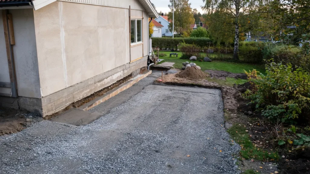 dr nering runt hus och markarbete f r uppfart i bj rketorp